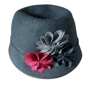Flirty Women's Black Cloche Hat 100% Wool with Colorful Floral Fabric Accents